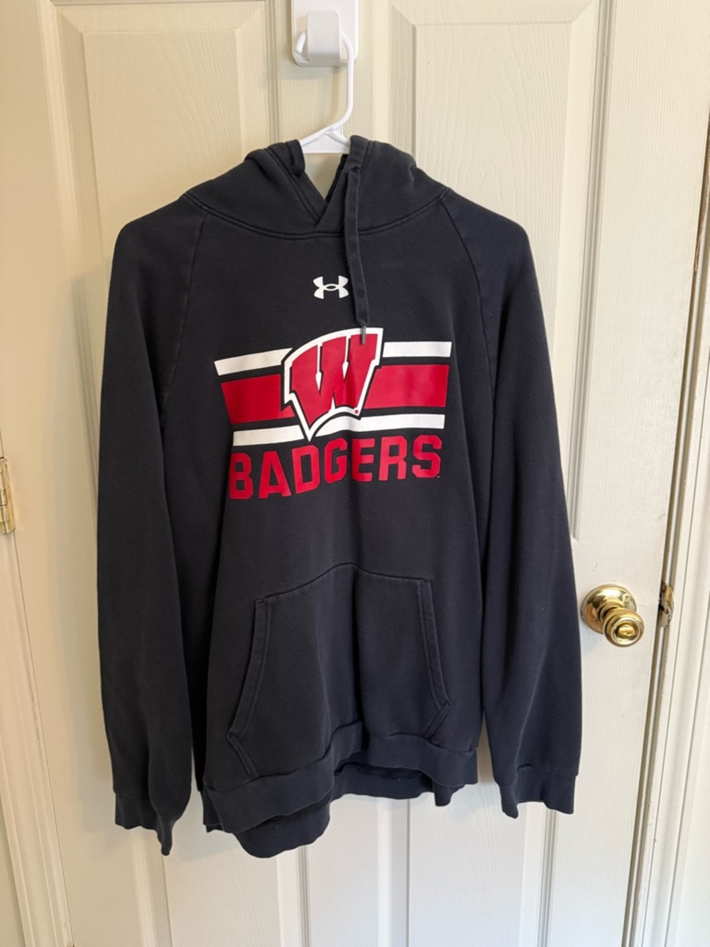 Under Armour Men’s Black Wisconsin Badgers Crewneck Hoodie with Red & White Logo